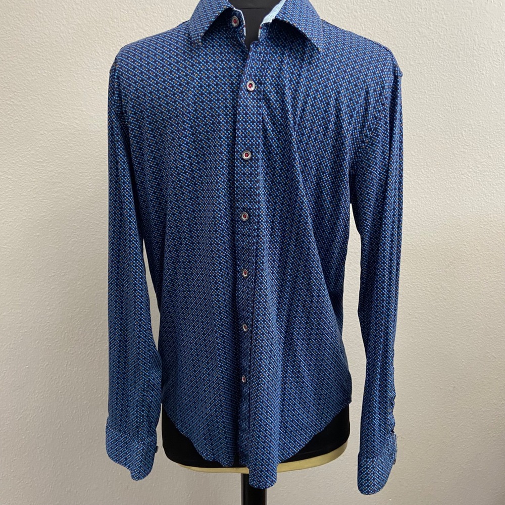 Butter Cloth Mens M Blue Button Up Shirt Excellent Geometric Long Sleeve Cotton - Picture 6 of 7